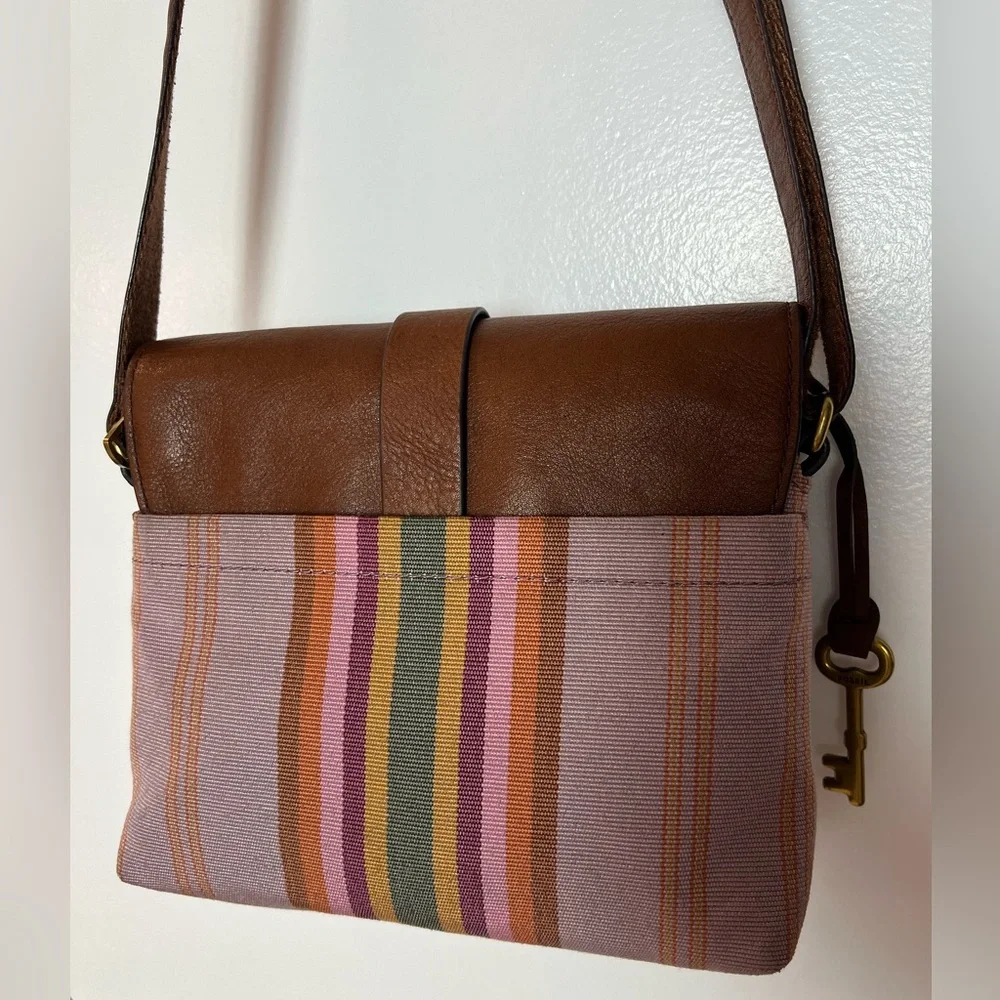 Fossil Leather & Stripe Canvas Crossbody Bag Brown Multicolor